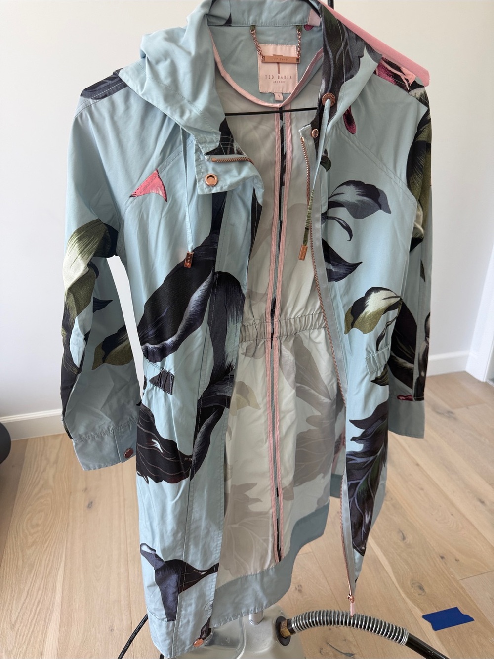 Ted Baker Light Blue Floral Hooded Raincoat with Pink Trim